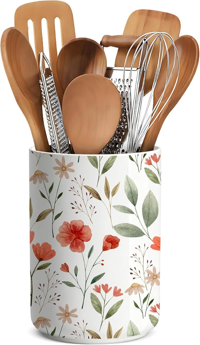 Wildflowers Utensil Holder,Countertop Ceramic Utensil Holder,Large Cooking Utensil Crocks for Kitchen Counter Decor,Ceramic Vase for Kitchen Utensils,6.3"+4.7"(safflower)