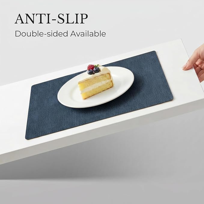 Romanstile Vinyl Placemats Set of 6, Reversible Faux Leather Heat Resistant Wipeable Table Mats, Waterproof Washable Non-Slip Table Placemats for Dining/Kitchen/Outdoor (Grey Nave Blue, 12" x 17")