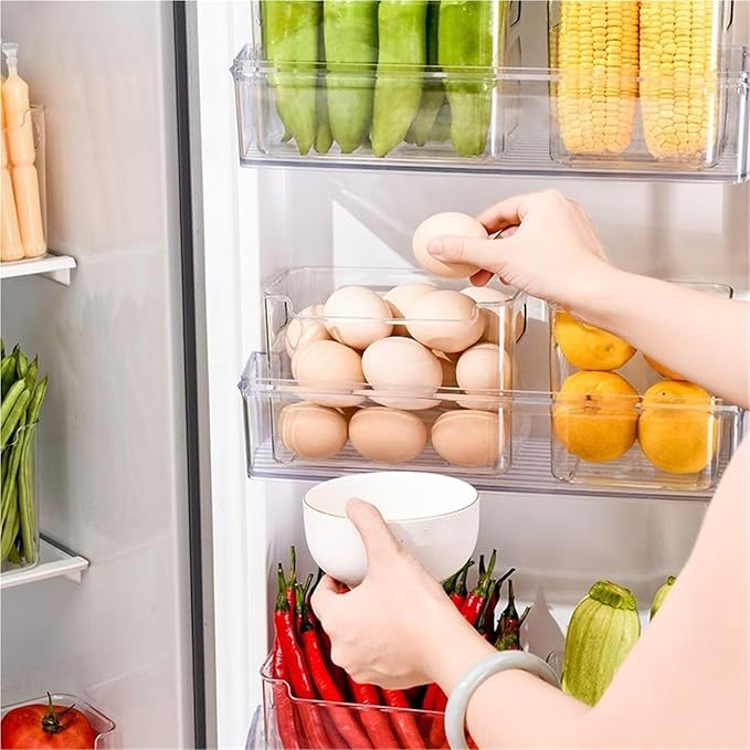Crystal Clear Freezer Storage Bins, Clear Plastic Bins for Refrigerator and Pantry,4 Pack Stackable Kitchen Organizer with Handles,for Frozen Food Meat Veggies Snacks(Green(2S+2L))