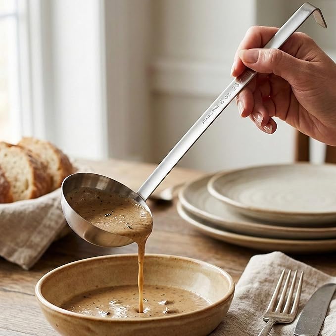 TrueCraftware- 10 oz Stainless Steel Ladle with Long Hooked Handle- Kitchen Ladle Best Kitchen Accessories for Cooking and Serving Spoon for Soup Chili Gravy Salad Dressing and Pancake Batter