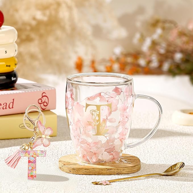 Personalized Gifts for Women Flower Glass Coffee Mug Initial Tea Cup Monogrammed Customized Bridesmaid Bride Wedding Gifts Graduation Gifts Valentine Mother's Day Birthday Christmas Gift (T)