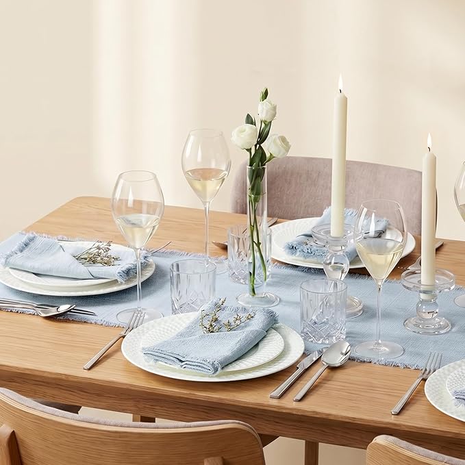 KINGSTONE 14 x 108 Inches Frayed Edge Table Runner, 270G Heavyweight Sand Washed Slub Texture Cotton Linen for Modern Farmhouse, Rustic Home Decorations Dining Room Wedding Boho Decor, Light Blue