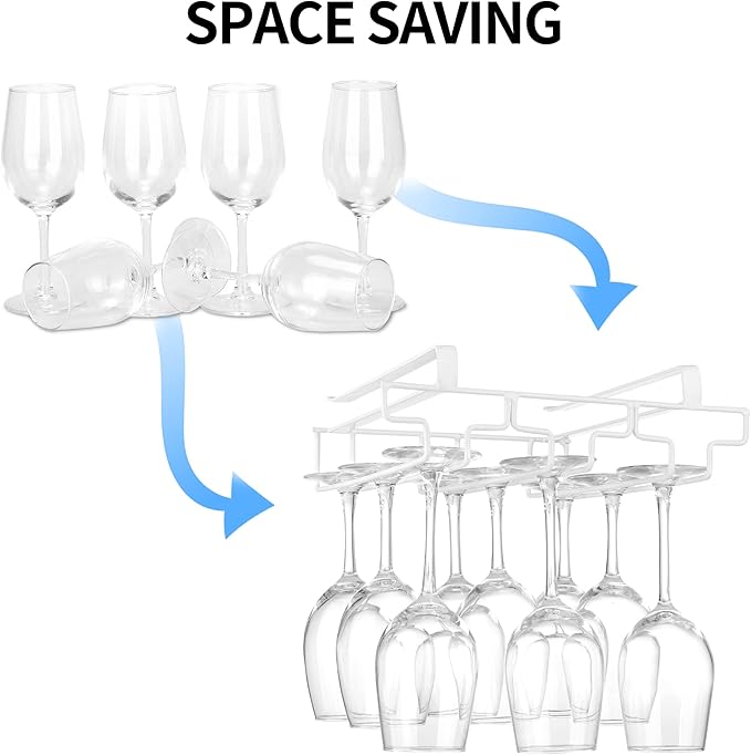 Wine Glass Rack Under Cabinet Drilling Free No Screw Steamware Holder Under Shelf Metal Wine Glasses Holders 304 Stainless Steel Hanger Storage Organizer Hanging Glass Fit for Bar Kitchen 3 Rows White