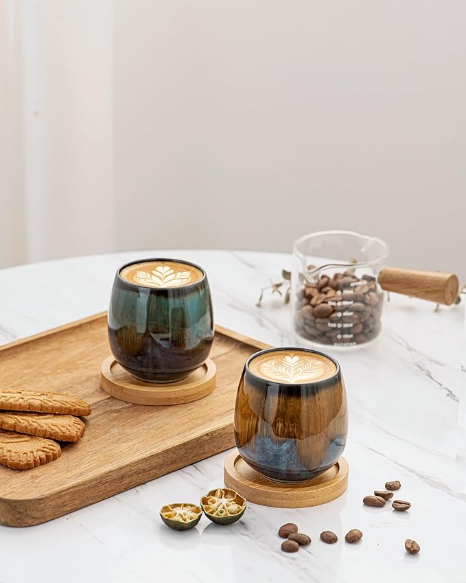 2.7 Oz Mini Espresso Cups Set of 4, Colorful Ceramic Demitasse Cups with Bamboo Coasters, Unique Glaze Mugs for Turkish Coffee, Macchiato, Espresso Martini, Dessert, Dishwasher & Microwave Safe
