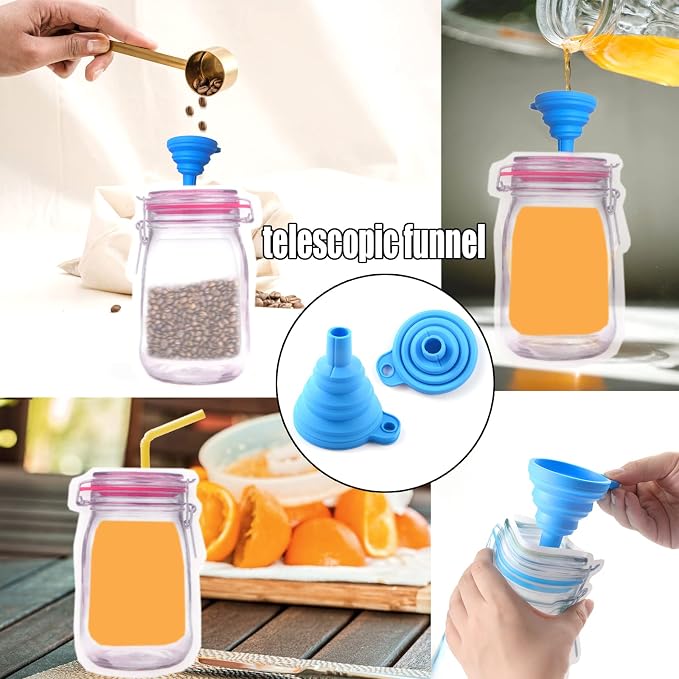 81 Pcs Reusable Mason Jar Food Storage Plastic Bags - Multi-Size Fresh Leak Proof Sandwich Snack Zipper Bags With Chalkboard Label Sticker and Silicone Funnel for Kitchen, Camping, Travel, Office