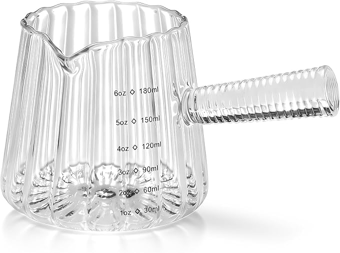 6OZ Glass Measuring Cup - 180ml Borosilicate Glass Espresso Shot Glass with Glass Handle, V-Shaped Spout for Milk Frothing, Espresso Accessories for Machine, Dishwasher Safe