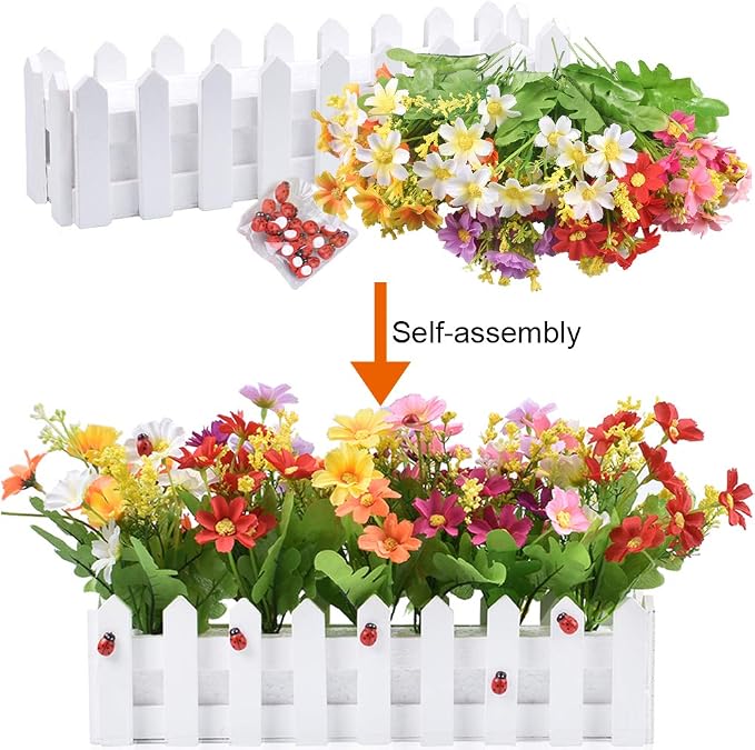 XONOR Artificial Flower Plants - Mixed Color Daisies in Picket Fence Pot for Indoor Office Wedding Home Decor, 2 Sets