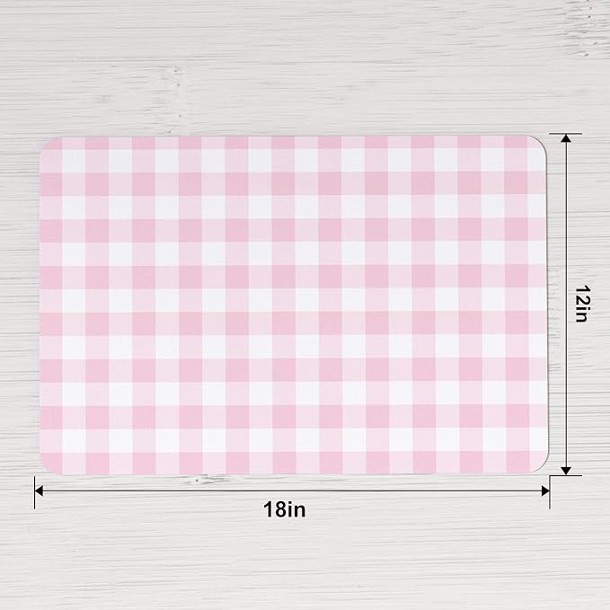 QiyI Placemats Set of 6, 12x18 Inch Faux Leather Place Mats for Kitchen Dinning, Heat Resistant Anti Slip Grid Table Mats, Waterproof Wipeable Washable Placemat Party Table Décor, Pink Gingham Check