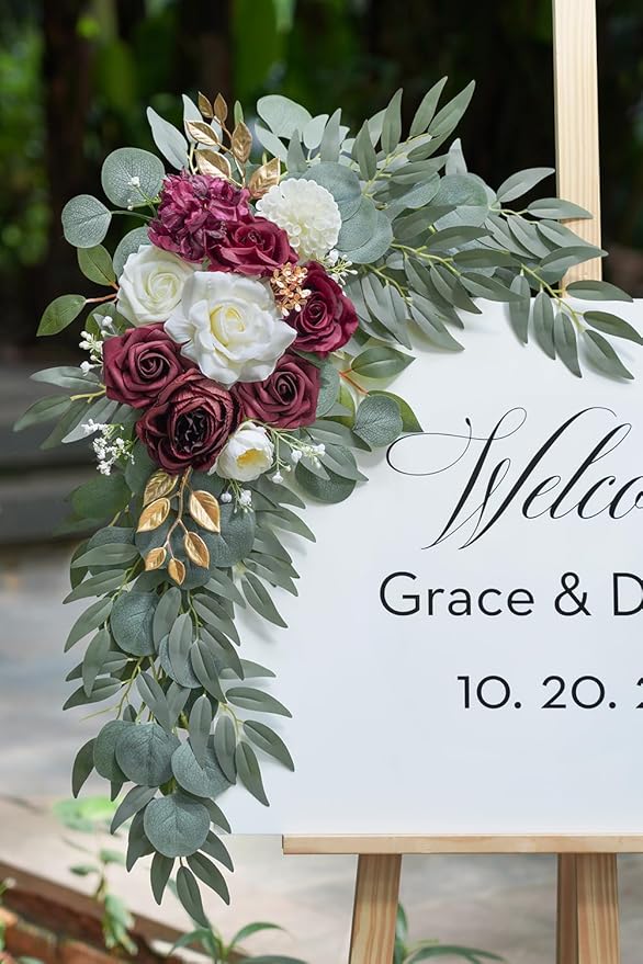 Olalaka Artificial Burgundy Flower Swag Set of 2 for Wedding Welcome Signs Floral Decorations, Wedding Arch Flowers for Wedding Ceremony, Ivory Wedding Flower