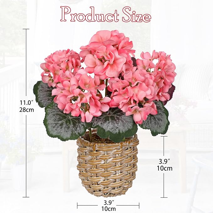Briful Artificial Pink Geranium Flowers in Woven Basket, 11’’ Tall Silk Flower Arrangement, Realistic Geraniums Artificial Outdoor Plants for Home Indoor Farmhouse Table Wedding Centerpiece Decor