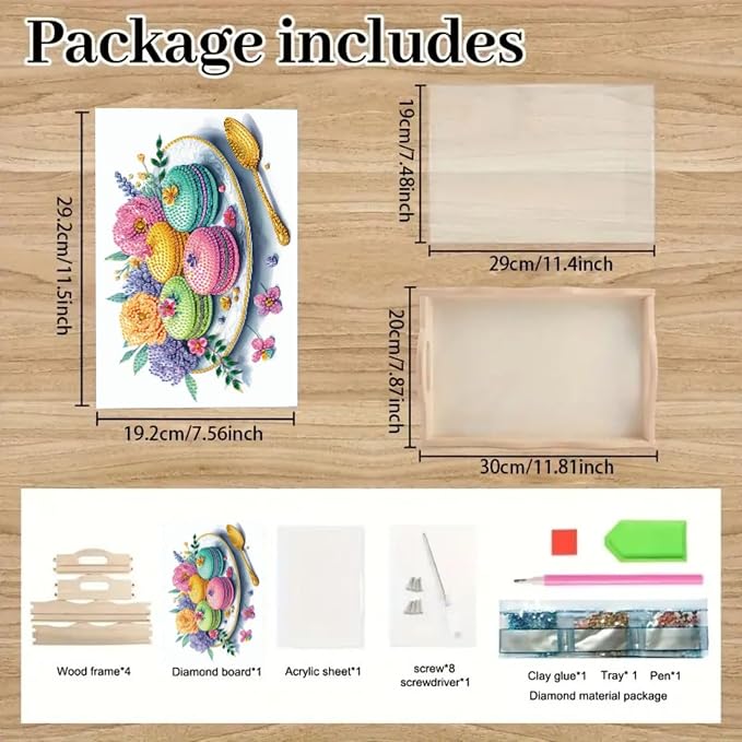 DIY Diamond Serving Tray Rectangular Wooden Breakfast Tray with Handle Handmade Diamond Art Painting Spring Creative Dinner Plate Coffee Room Living Home Organizer-Macarons