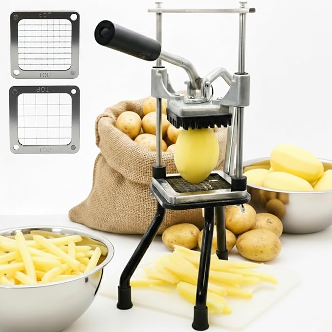 ICO Professional French Fry Cutter & Potato Cutter - Industrial Grade Vertical Potato Slicer for Regular & Sweet Potatoes - 2 Stainless Steel Blades with Universal Pusher & High-Stability Tripod Base