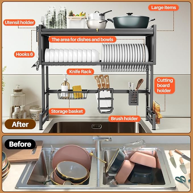Over The Sink Dish Drainer Drying Rack 3 Tiers with Cover, Keep Kitchen Sink Shlef Organized Space-Saving Dish Drying Rack, Large Stainless Steel Sink Drying Rack for Dishes, Bowls, Cutlery (33.4"W)