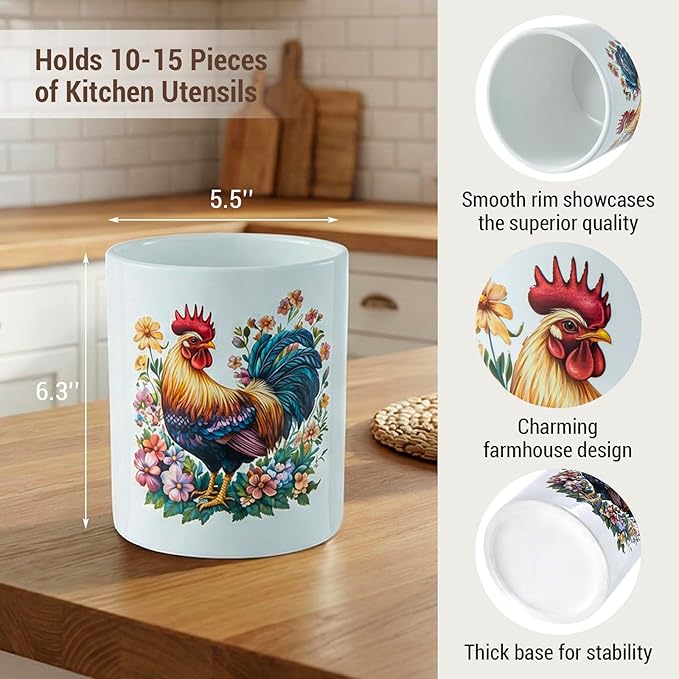 MyGift Farmhouse Rooster Floral Ceramic Kitchen Utensil Holder – Decorative Crock for Cooking Utensils, Flatware, and Countertop Storage