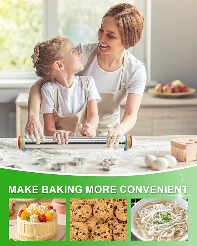 Adjustable Stainless Steel Rolling Pin with Thickness Rings for Baking, Dough Roller Pins for Cookie Decorating Baking Supplies with 1PCS Silicone Pastry Mat & 1PCS Rolling Pin Holder