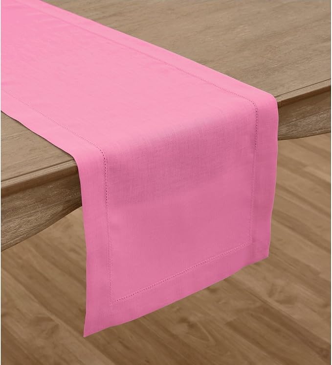 Solino Home Linen Flamingo Pink Table Runner 144 Inches Long - 100% Pure Linen Extra Long Table Runner 14 x 144 Inch for Summer - Classic Hemstitch