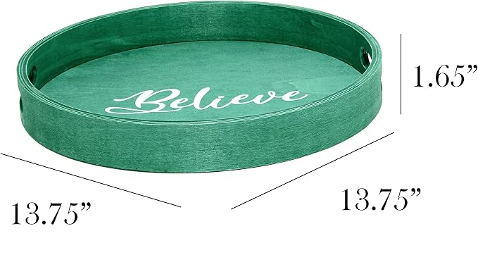 Elegant Designs HG2013-GBL Christmas Decorative 13.75'' Round Wood Serving Tray w/Handles, Green Believe