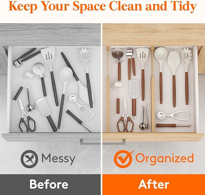 Lifewit 2.4" High 6 Pack Bamboo Drawer Dividers 33-42cm/13-16.5" Adjustable Wooden Drawer Organizer for Clothes/Utensils, Expandable Drawer Separator for Dresser/Kitchen/Bedroom/Office Organization