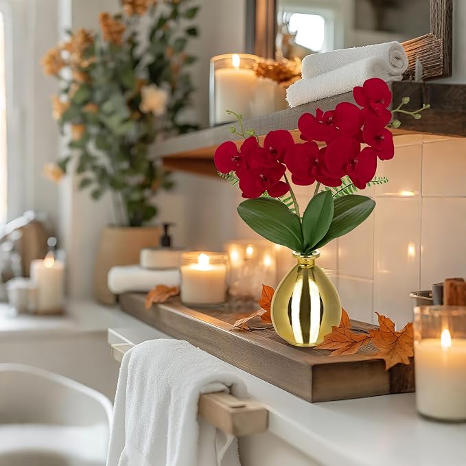 Oairse Red Orchids Artificial Flowers, Faux Orchid in Glass Vase Real Touch Small Phalaenopsis Orchid Flowers Arrangements with Gold Vase Orchids Centerpiece for Dining Room Table