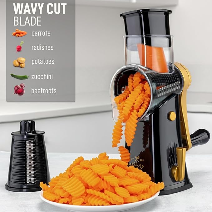 Zulay Kitchen Rotary Cheese Grater 5 Blade Cheese Shredder - Manual Hand Crank Cheese Grater With Reinforced Suction & 5 Interchangeable Drums - Easy to Use, Vegetable Chopper Round Mandoline Slicer