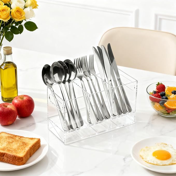Utensil Holder, Upgrade Stainless Steel Utensil Drying Rack with Automatic Drain Tray for Kitchen Counter, Silverware Cutlery Organizer for Spoons, Forks, Knifes, Chopsticks (Clear Acrylic)