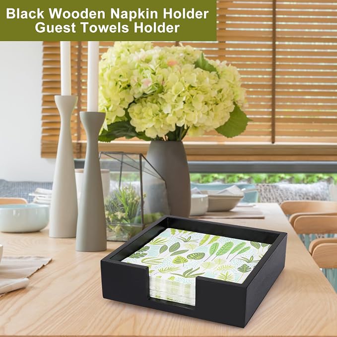 Renawe Black Wood Napkin Holder - Rustic Farmhouse Tropical Style - Perfect for Table, Kitchen, Bathroom & More - Non-Slip Base - Easy to Grab Napkins