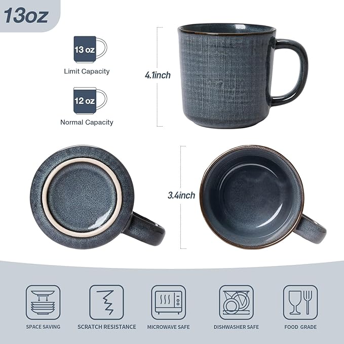 famiware Moonlight Coffee Mug Set of 4, 14oz Mug Set with Linen Finish, Coffee Cup Set with Handle for Latte, Cappuccino, Tea, Hot Cocoa, Microwave and Dishwasher Safe, Dark Blue