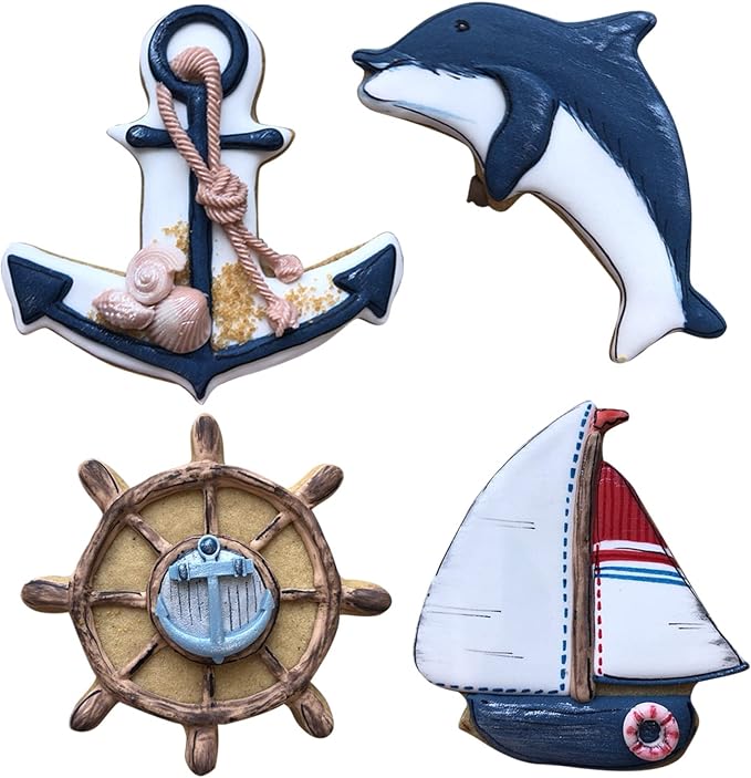 LILIAO Nautical Cookie Cutter Set - 4 Piece - Anchor, Sailboat, Rudder and Dolphin Biscuit Fondant Cutters - Stainless Steel