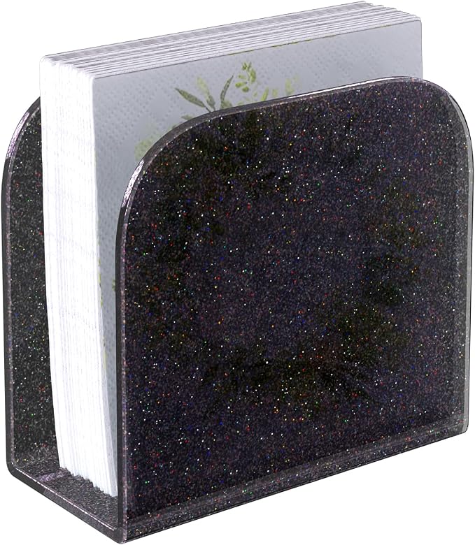 Napkin Holder for Table, Black Glitter Acrylic Square Holder for Kitchen, Tabletop Freestanding Tissue Paper Cocktail Napkin Holder Dispenser for Bar, Restaurant (Black Glitter)