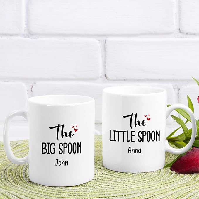 Personalized Couple Coffee Mugs Set Design For Couple, Set Of 2, Custom Name Couple Mug, Big Spoon Little Spoon Couples Coffee Cup Gifts For Anniversary, Love Gifts, Couple Cup, White 11oz 15oz