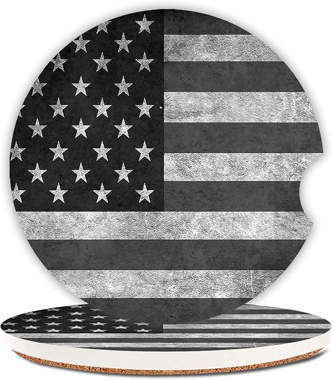 Black Grey American Flag Absorbent Cup Holders Car Coasters,Ceramic Stone Drinks Coaster Set for Women Man 2.56"(2 Pack)