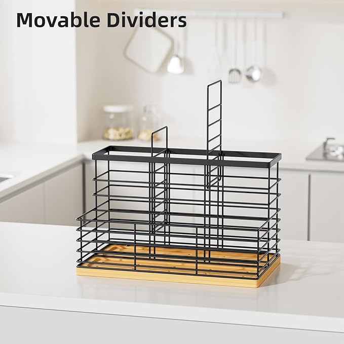 VITVITI Kitchen Utensil Holder for Counter, Large 4 Compartments Metal Bamboo Utensil Organizer, Farmhouse Cooking Utensils Holder Caddy for Countertop, Black