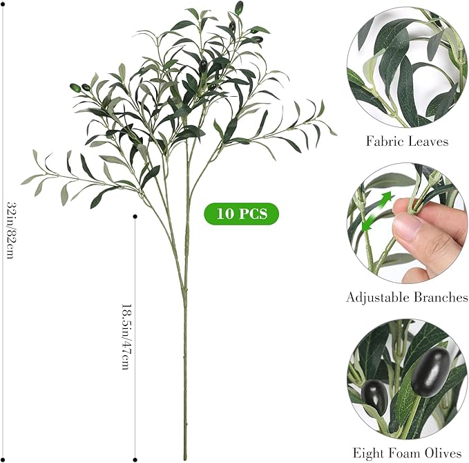 10PCS 32inch Artificial Olive Branches Long Thicken Faux Olive Stems Greenery Plants with Lifelike Olives and Silk Leaves for DIY Floral Crafts Office Wedding Home Decor (Vase Not Included)