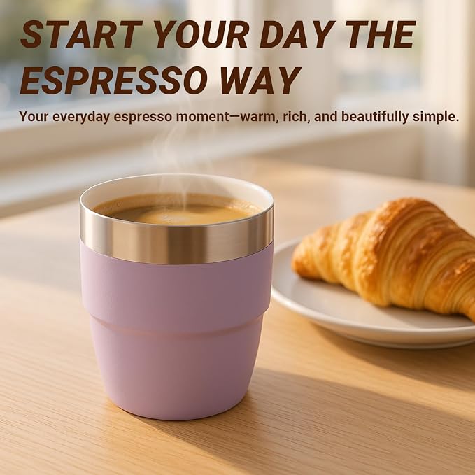 4 oz Small Espresso Cup, Ceramic-Lined 18/8 Stainless Steel, Double-Wall Vacuum Insulated, Stackable, Dishwasher Safe, Fits Most Espresso Machines, for Espresso Shots (Lilac, 2 Pack)