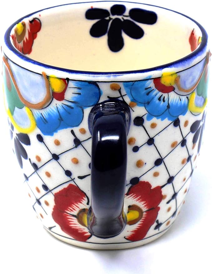 Global Crafts Mexican Pottery Mugs - Handmade Ceramic Mug - Hand-Painted Dots & Flowers Design