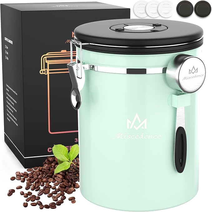 38OZ Coffee Canister for ground coffee with Date Tracker,Mint Green 304 Stainless Steel Kitchen Food Airtight storage container for Coffee Beans or Grounds, Tea, Sugar