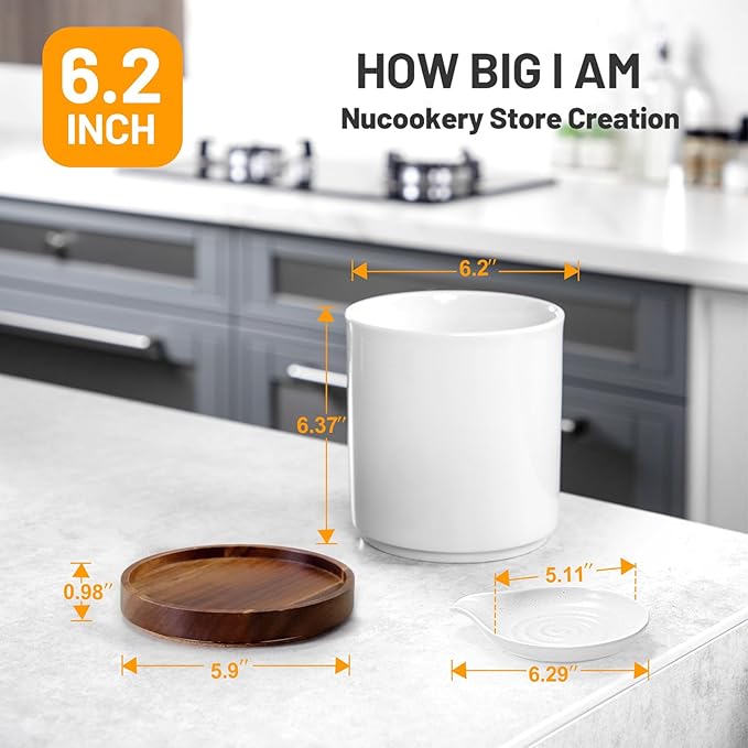 Nucookery Utensil Holder with Spoon Rest, 360° Rotating Ceramic Utensil Holder, 7.2" Kitchen Utensil Crock with Spoon Holder, Kitchen Countertop Organizer, Spoon Rest for Spatulas, Cooking Utensils