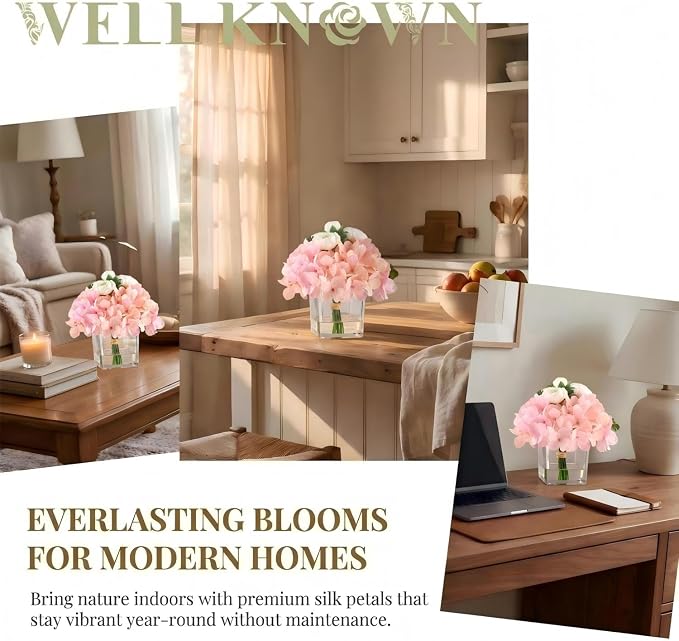 WELL KNOWN Artificial Hydrangea and Ranunculus Flowers in Vase with Faux Water, Silk Spring Pink Flower Arrangement Centerpiece for Home Dining Table Office Wedding Decor & Mom's Gift