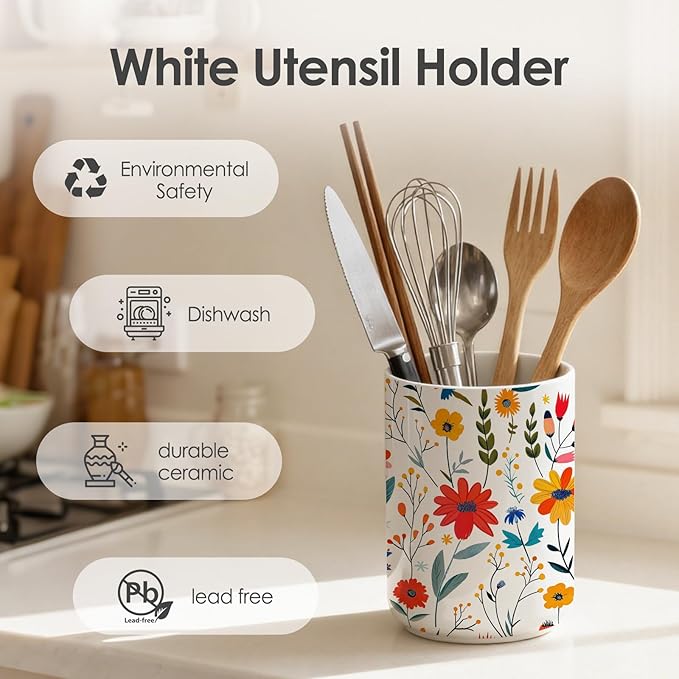 Wildflowers Utensil Holder,Countertop Ceramic Utensil Holder,Large Cooking Utensil Crocks for Kitchen Counter Decor,Ceramic Vase for Kitchen Utensils,6.3"+4.7"(Kitchen Stories Among Flowers)