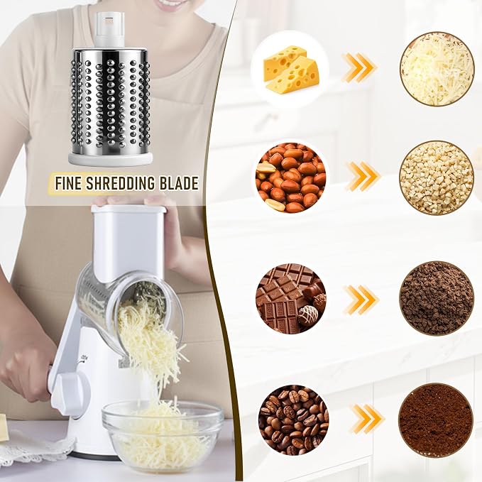 Rotary Cheese Grater Hand Crank Cheese Shredder, Kitchen Mandoline Vegetable Slicer for Fresh Cheese, Vegetable, Nuts, Non-slip Suction Base, 3 Blades