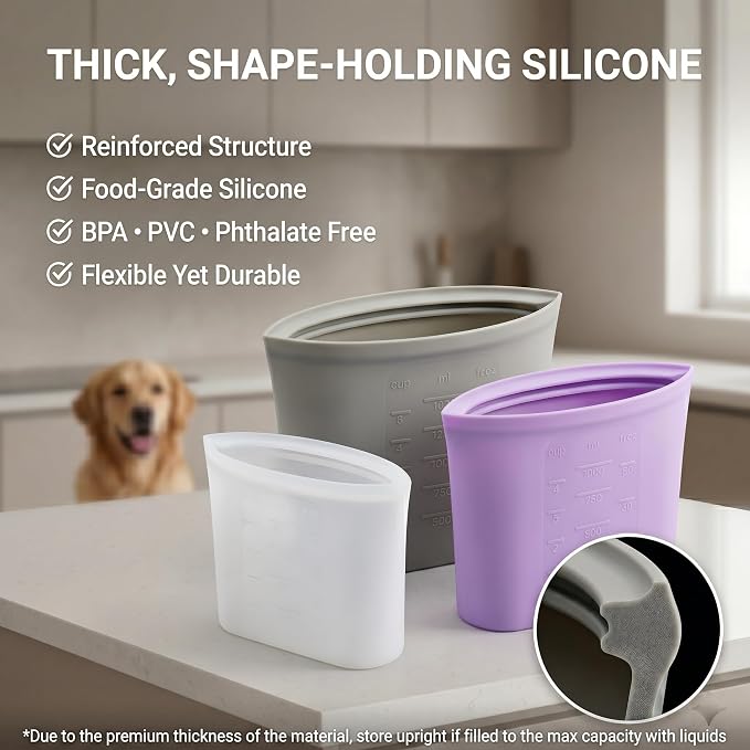 Reusable Thick Silicone Storage Bags (Set of 3) – S, M, L; 100% Food-grade Silicone; Freezer, Microwave & Dishwasher Safe; Wide Opening & Stands Upright; BPA-Free; Thick and Durable; Multiple Uses