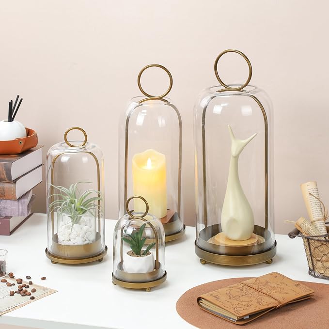 16" High Versatile Modern Metal Hurricane Lantern with Handmade Sturdy Glass Dome in Antique Brass for Pillar Candle & Plants, Industrial, Farmhouse, Shabby Chic (Brass, 6.3"x16.5")