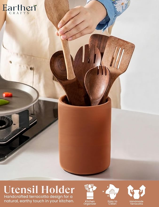 Terracotta Kitchen Utensil Holder 6.5 Inch Handmade Natural Clay Utensil Crock for Countertop, Spatula, Spoon & Cutlery Organizer, Farmhouse Kitchen Decor & Storage Container