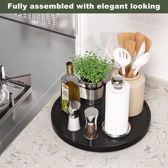 Lazy Susan Organizer, 13.2 Inch Non-Skid Bamboo Lazy Susan for Kitchen Table cabinets Closets and Kitchen Islands, Wood Turntable for Kitchen Countertop Organizer Black