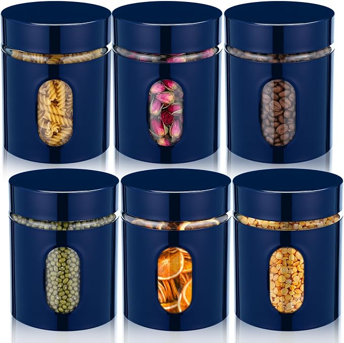 Mimorou 6 Pack Kitchen Canisters Set Airtight Coffee Sugar Tea Storage Jars with Window Glass Stainless Steel Containers with Lids for Flour Cookies Spices Grains Kitchen Decorations(Navy Blue,20 oz)