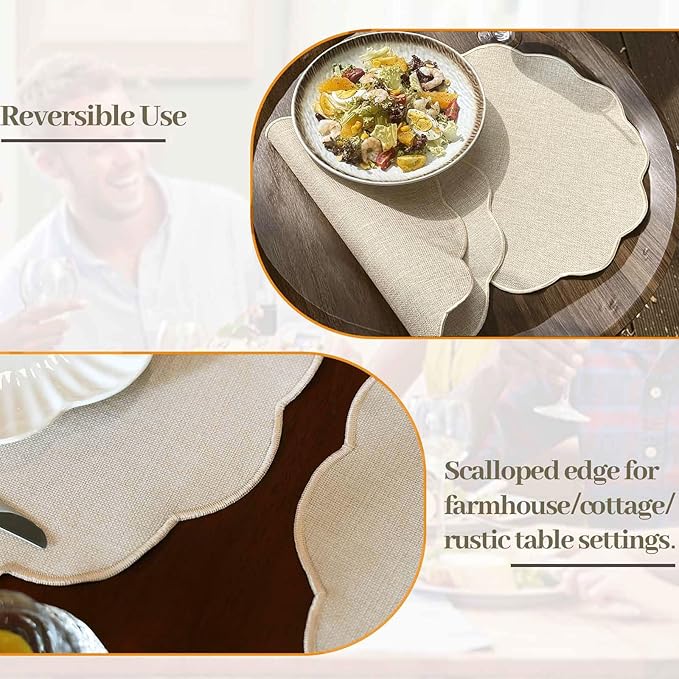 AHHFSMEI Round Faux Linen Placemats Set of 6 Waterproof Table Mats Heat Resistant Non-Slip and Stain Proof for Kitchen Dining Elegant Decor (Beige,6)