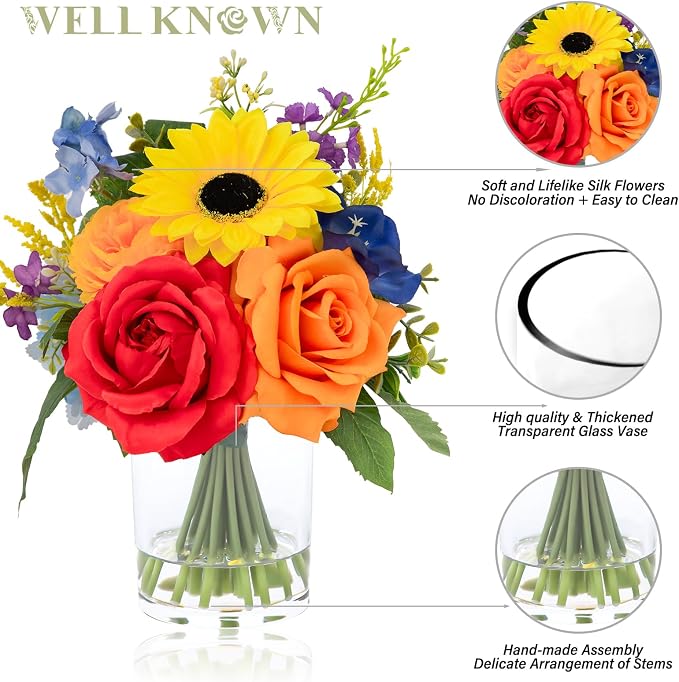 WELL KNOWN Artificial Flowers in Vase with Fake Water, Colorful Spring Flowers Fake Sunflowers Rose Peonies Bouquet for Home Wedding Party Dining Table Baby Shower Decor & Birthday Gift (Rainbow)