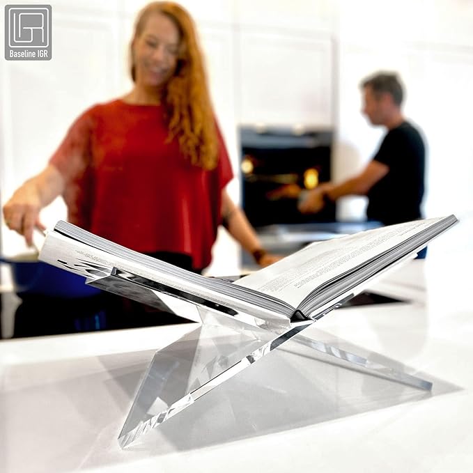 Large Clear Acrylic Book Stand, 12.5" x 9.5" x 5.5”, Acrylic Book Holder, Open Bookstand for Display and Reading Cookbooks, Art Books, Bibles, Magazines - Home and Office