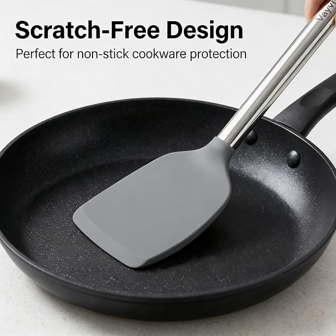 Vayvnt 4PCS Cooking Utensils Set, Food Grade Silicone Kitchen Spatula, Gray | Non Toxic, Up to 480℉ Heat Resistant Silicone, Stainless Steel Handle, Slotted Spoons and Solid Turners, Dishwasher Safe