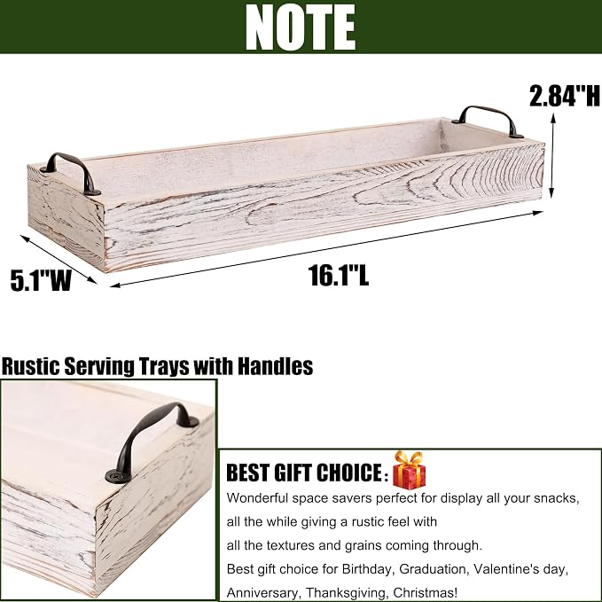 Rustic Wooden Serving Trays Rectangular with Handle,Ottoman Tray for Living Room 16 Inch Long for Serving Wine(whitewashed)
